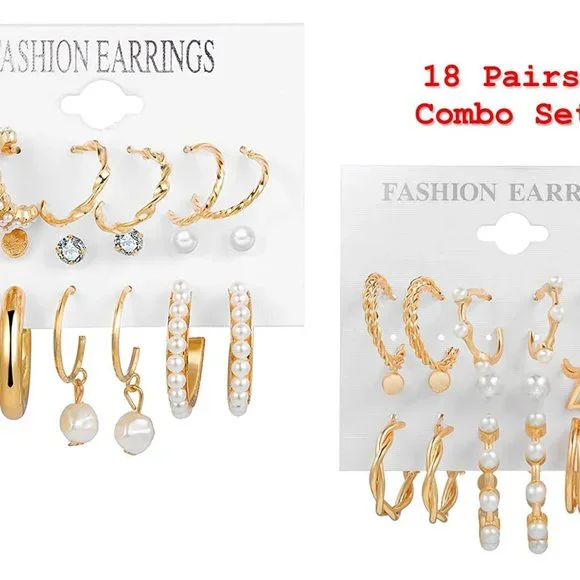 18 pairs Fashion Latest Earrings Combo Set Crystal Pearl Stud Earrings for Women - Picture 5 of 10